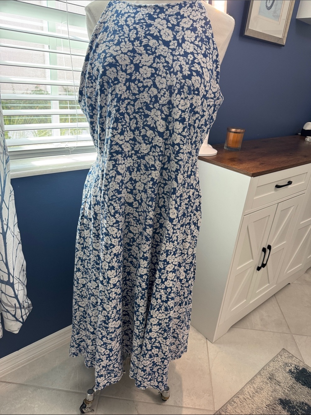 Chaps Blue Floral Halter Midi Dress - White Floral Print